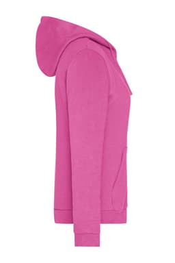A pink ladies' zip hoodie featuring a front pocket and a hood, with a logo on the front.