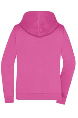 A pink ladies zip hoodie featuring a hood and long sleeves. Includes a logo on the back.