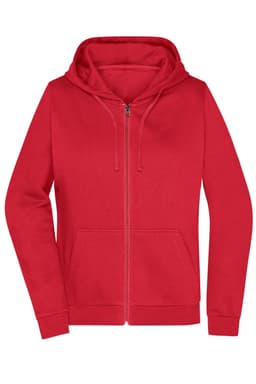 A red zip hoodie for ladies, featuring a front pocket and a hood, with a logo present.