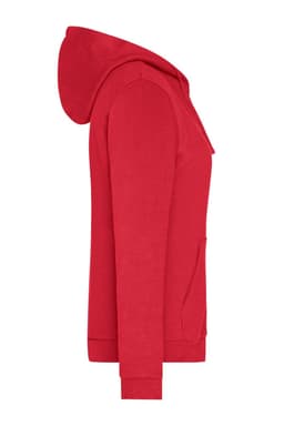 A red ladies zip hoodie with a hood and front pockets, featuring a logo.