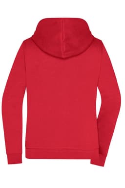 A red zip hoodie featuring a hood and long sleeves, with a plain back and one logo.