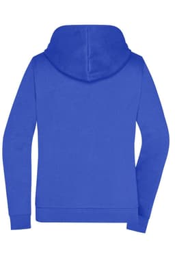 A blue zip hoodie with a hood and long sleeves, featuring a branding logo on the back.