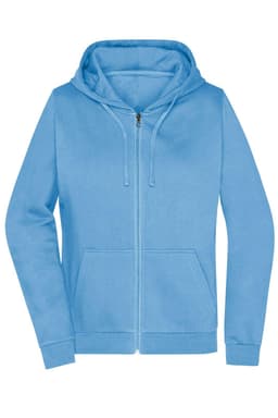 A light blue zip hoodie featuring a front pocket and a hood, with a logo on the chest area.