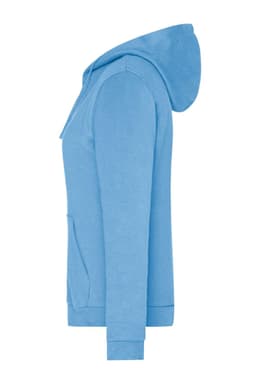 A light blue zip hoodie featuring a hood and a front pocket, showcased from a side view.