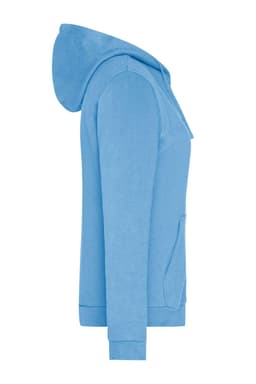 A blue zip-up hoodie for ladies featuring a hood, long sleeves, and a front pocket, with a logo.