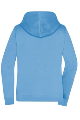 A blue ladies' zip hoodie with a hood and long sleeves, featuring a logo on the back.