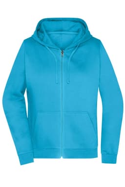 A turquoise zip hoodie for ladies with a front pouch pocket and a hood, featuring a branding logo.