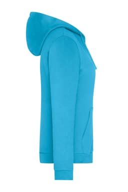 A ladies' zip hoodie in a vibrant turquoise colour, featuring a hood and a side pocket.