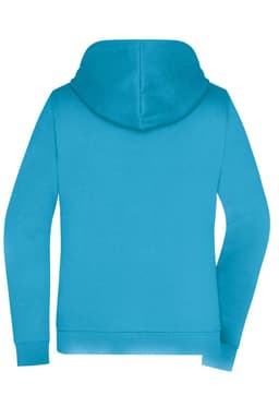 A turquoise ladies zip hoodie with a hood and long sleeves, featuring a logo on the back.