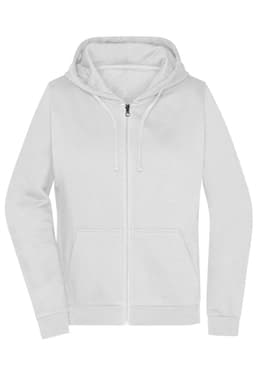 A white zip-up hoodie featuring a hood and front pockets, with a logo on the chest.