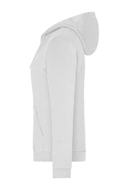 A side view of a light grey ladies zip hoodie featuring a hood and front pockets, with a logo present.