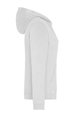 A light grey ladies zip hoodie featuring a hood and pockets, with a logo on the front.