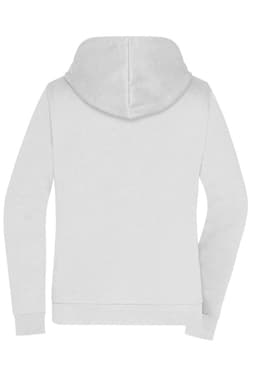 A light grey ladies' zip hoodie featuring a hood and long sleeves, with a logo on the back.