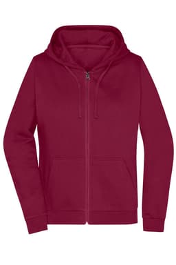A maroon zip hoodie for ladies with a hood, front pockets, and a simple design. Features a logo.