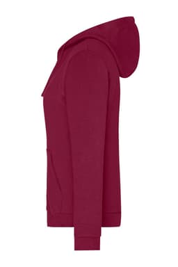 A burgundy ladies' zip hoodie with a hood and front pocket, featuring a logo on the front.