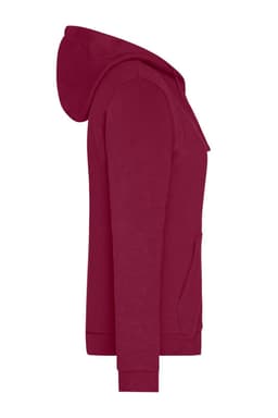 A burgundy ladies' zip hoodie featuring a hood and side pockets, with a small logo on the front.