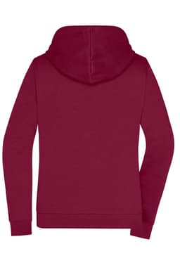 A burgundy ladies zip hoodie featuring a hood and long sleeves, with a logo on the back.