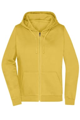 A yellow ladies zip hoodie with a front pocket and a drawstring hood. It features a branding logo.