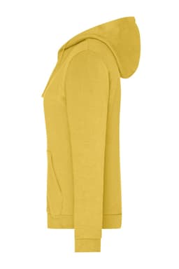 A yellow ladies’ zip hoodie featuring a hood and a front pocket, with branding on it.