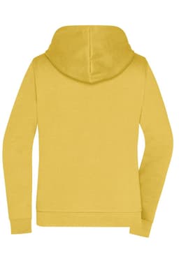 A yellow ladies' zip hoodie featuring a hood and long sleeves, with a branding logo on the back.