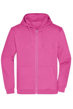 A pink zip hoodie featuring a front zip closure, drawstrings, and a front pocket. Includes a logo on the front.