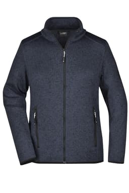 A navy blue ladies' knitted fleece jacket with a zip front and two side pockets. Features a branding logo.