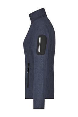 A navy ladies knitted fleece jacket featuring a zippered pocket on the sleeve and a sleek, fitted design.