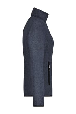 A navy ladies knitted fleece jacket featuring a zip pocket and a high collar. It has a sleek, fitted design.