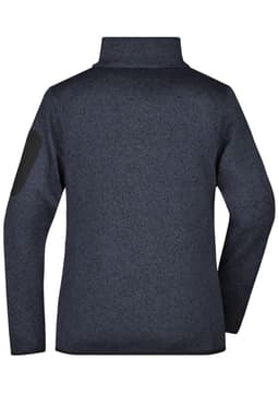 A navy knitted fleece jacket featuring a high collar and black elbow patches, with a logo on one sleeve.