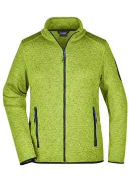 A bright green ladies' knitted fleece jacket with a zip front and two side pockets, featuring a logo on the sleeve.