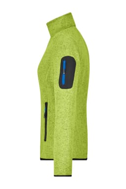 A ladies knitted fleece jacket in bright lime green, featuring a zip pocket on the arm and a logo.