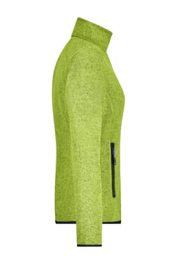 A ladies knitted fleece jacket in a vibrant lime green colour, featuring a zip pocket and a high collar.