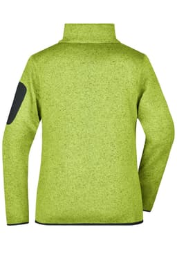 A ladies knitted fleece jacket in bright lime green with a black patch on the sleeve. Features a high collar design.