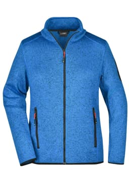 A blue knitted fleece jacket with a zip front, side pockets, and a collar. It features a logo on the sleeve.