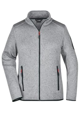 A grey knitted fleece jacket with a zip, featuring black accents and pockets, complete with a logo on the sleeve.
