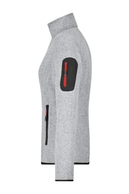 A light grey ladies knitted fleece jacket with a zippered side pocket and contrasting dark grey sleeve panel.
