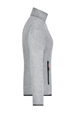 A grey ladies knitted fleece jacket with a high collar and a zippered pocket on the side. It has a subtle texture.