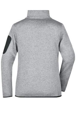 A grey ladies' knitted fleece jacket featuring a high collar and black elbow patches, with a logo on the sleeve.