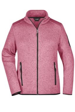 A pink knitted fleece jacket with a zip front and two side pockets, featuring a logo on one sleeve.