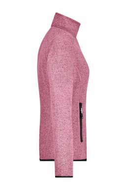 A pink knitted fleece jacket featuring a high collar and zippered pocket on the side, with a logo on it.