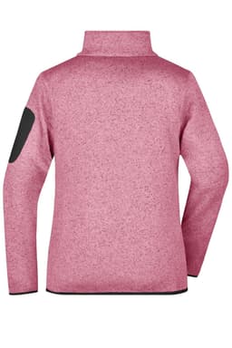 A ladies' knitted fleece jacket in a soft pink hue with a black patch on the sleeve and a high collar.