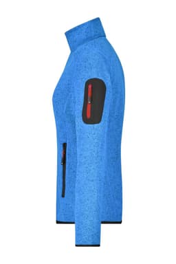 A blue knitted fleece jacket with a zippered pocket on the arm and zippered front pockets. Features a logo.