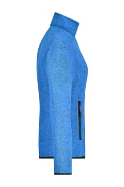 A ladies' knitted fleece jacket in blue, featuring a high collar and a zippered side pocket, with a logo.