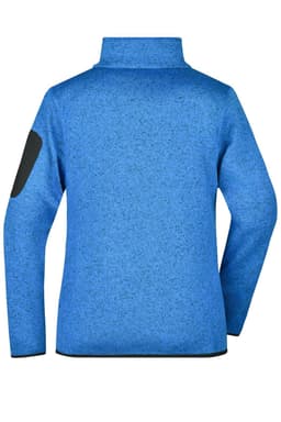 A blue knitted fleece jacket with a high collar and a black patch on the sleeve, featuring a logo.