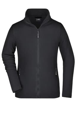 A black ladies' basic fleece jacket featuring a zip front and side pockets, with a collar and a logo.