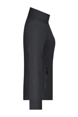 A black ladies’ basic fleece jacket displayed from the side, featuring a zip pocket and a collar.