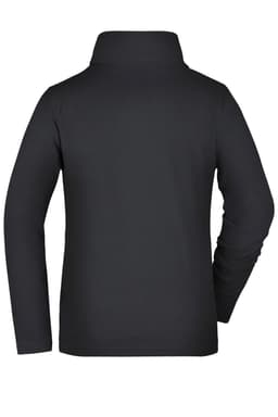 A black polar fleece jacket for ladies, featuring a high collar and long sleeves, with a logo present.