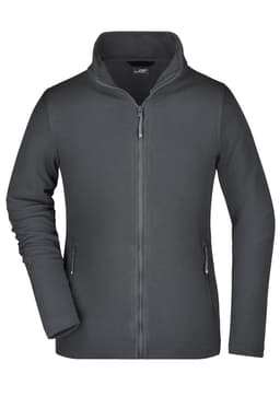 A polar fleece jacket in dark grey with a zippered front and side pockets, featuring a logo on the chest.