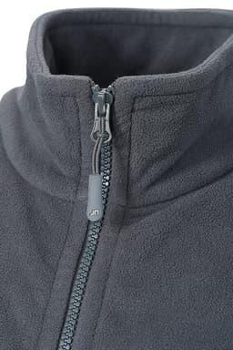 A close-up of a grey polar fleece jacket featuring a zippered collar and a logo on the zipper pull.