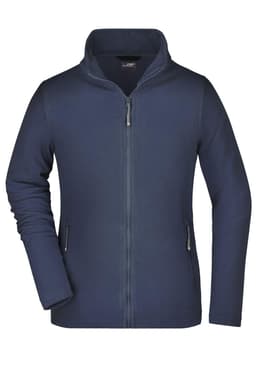 A navy fleece jacket with a zip front, featuring two side pockets and a high collar. It has a logo on the upper-left side.